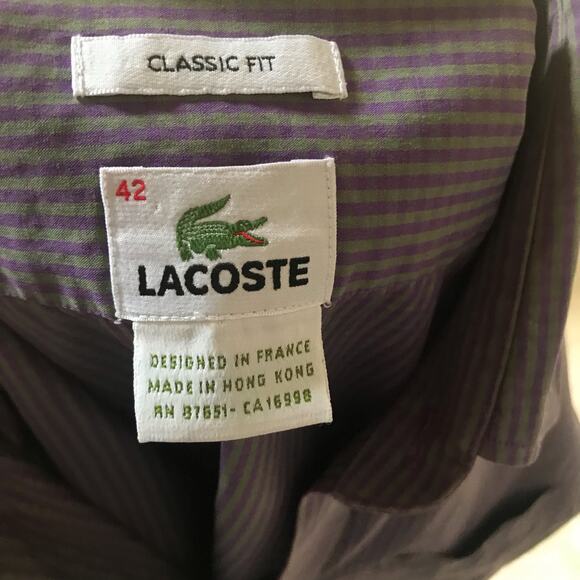 Lacoste Classic Fit Purple Green Striped Cotton Button Down Shirt Men's 42 (L) - Picture 6 of 8